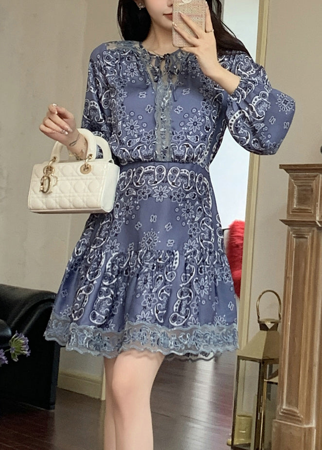 French Blue Print Tulle Patchwork Mid Dress Bracelet Sleeve