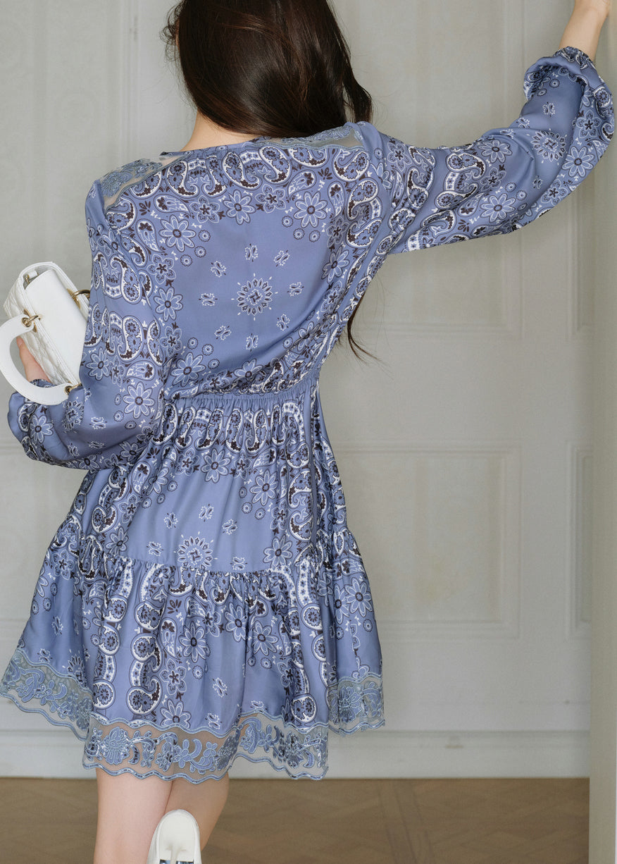 French Blue Print Tulle Patchwork Mid Dress Bracelet Sleeve