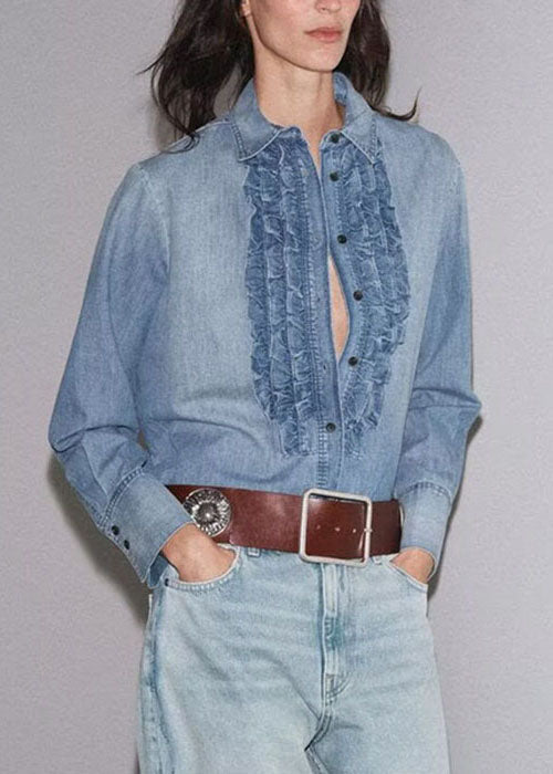 French Blue Ruffled Button Denim Blouses Fall