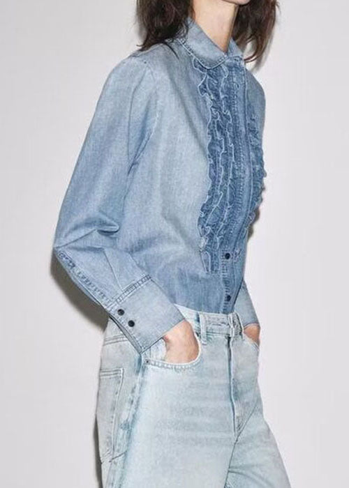 French Blue Ruffled Button Denim Blouses Fall