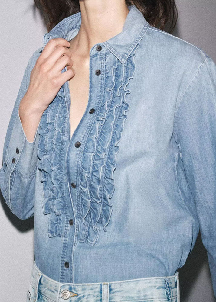 French Blue Ruffled Button Denim Blouses Fall