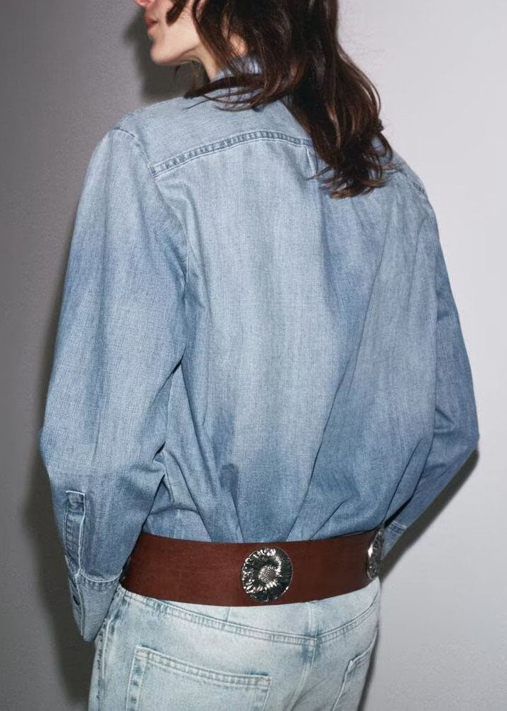 French Blue Ruffled Button Denim Blouses Fall