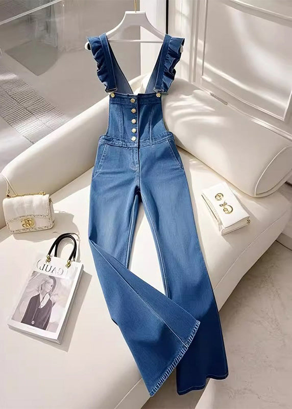 French Blue Ruffled Denim Overalls Jumpsuit Fall