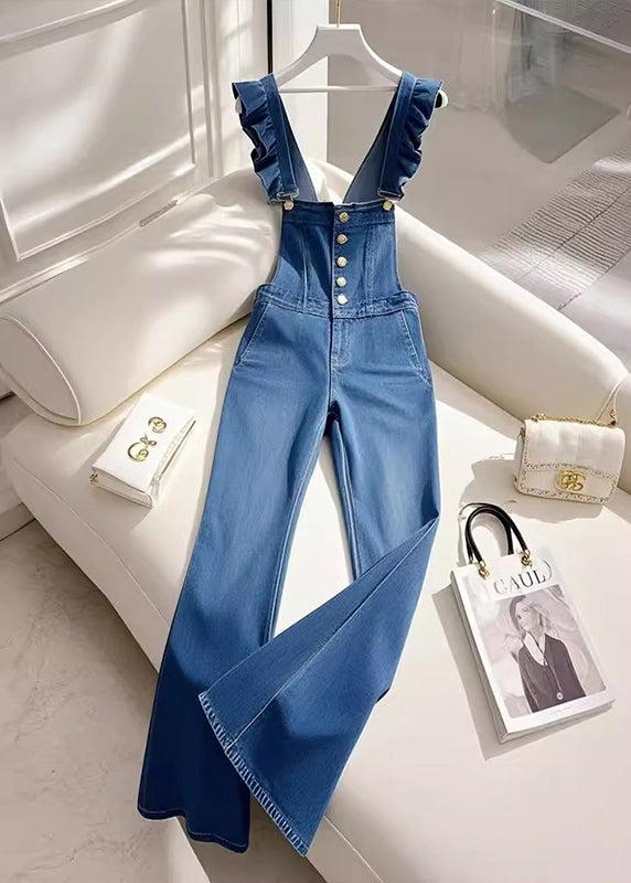 French Blue Ruffled Denim Overalls Jumpsuit Fall