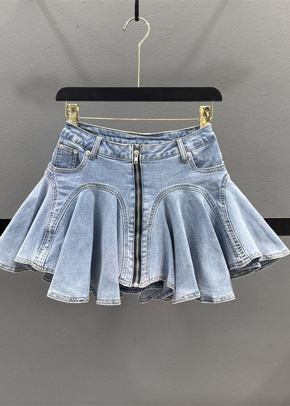 French Blue Ruffled Patchwork Denim Zippered Skirt Summer