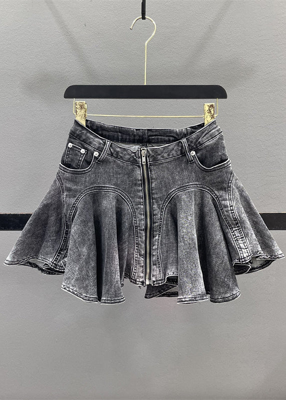 French Blue Ruffled Patchwork Denim Zippered Skirt Summer