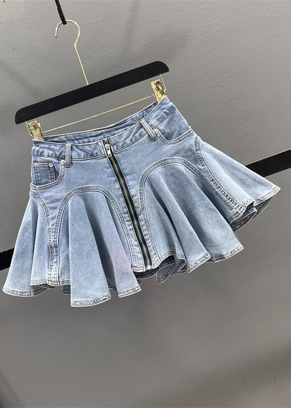 French Blue Ruffled Patchwork Denim Zippered Skirt Summer