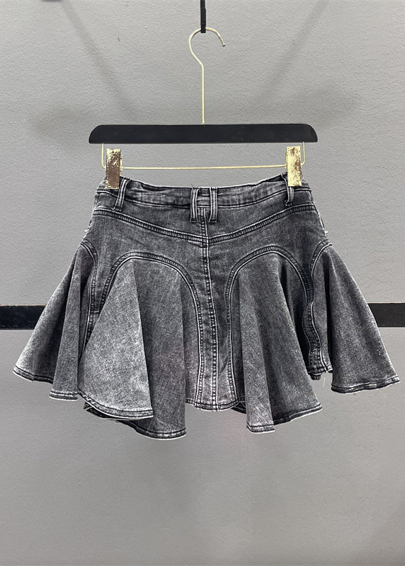 French Blue Ruffled Patchwork Denim Zippered Skirt Summer