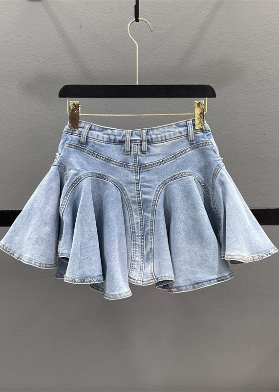 French Blue Ruffled Patchwork Denim Zippered Skirt Summer