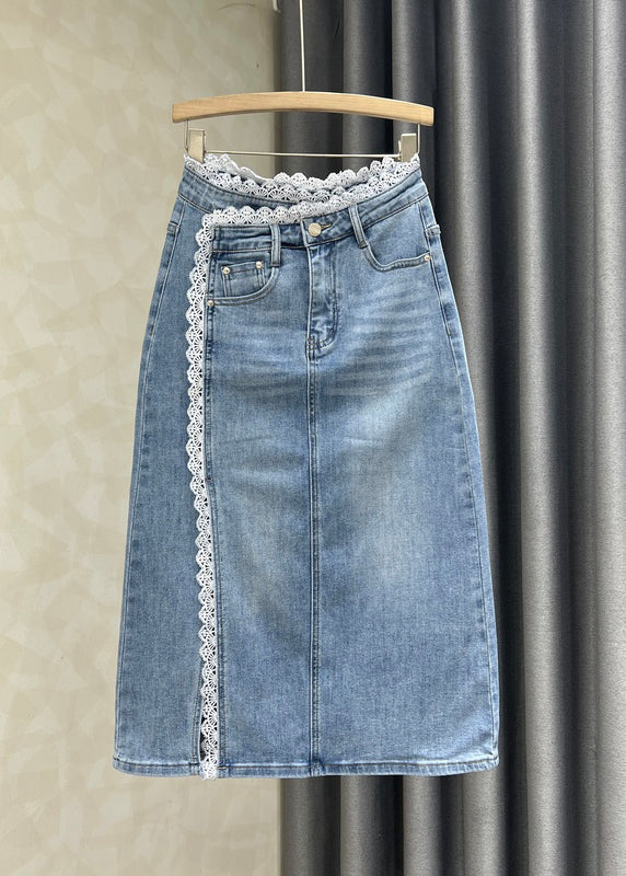 French Blue Side Open Lace Patchwork Denim Skirts Fall