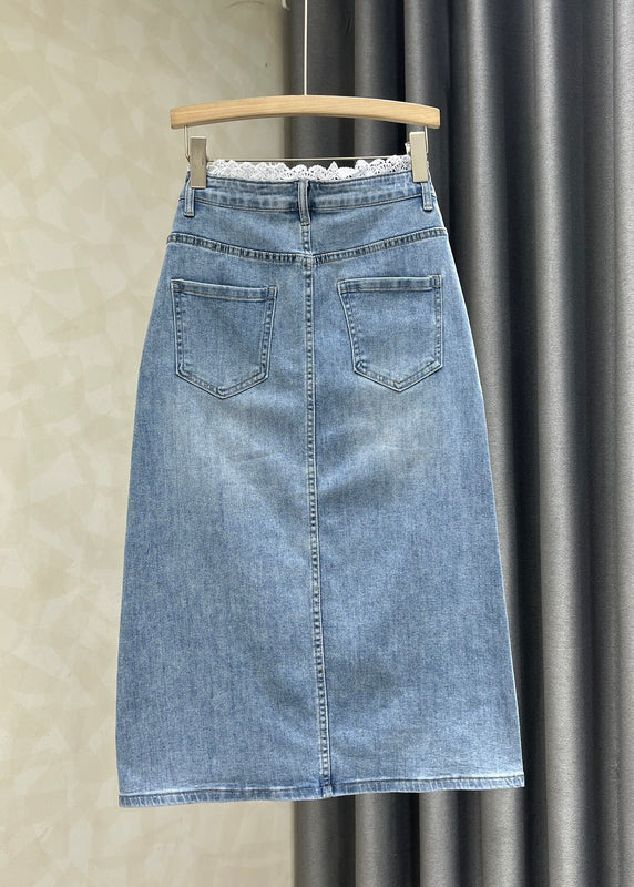 French Blue Side Open Lace Patchwork Denim Skirts Fall