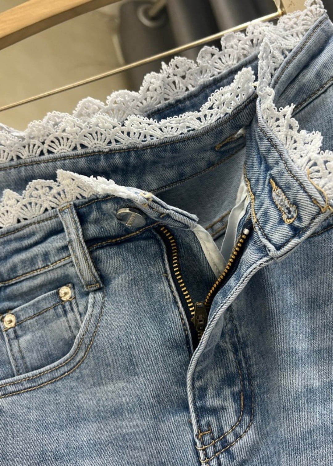 French Blue Side Open Lace Patchwork Denim Skirts Fall