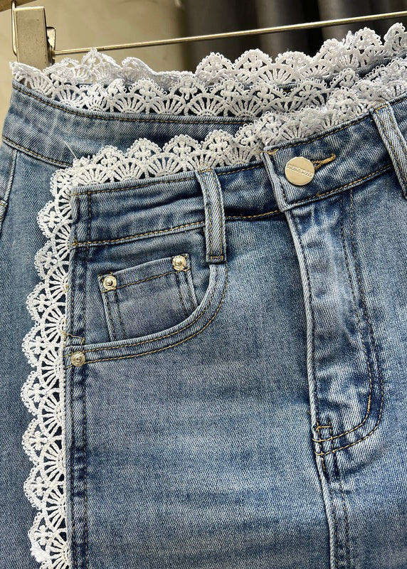French Blue Side Open Lace Patchwork Denim Skirts Fall