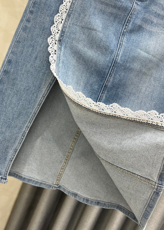 French Blue Side Open Lace Patchwork Denim Skirts Fall