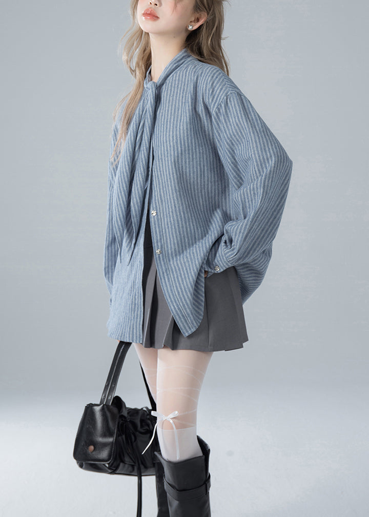 French Blue Striped Bow Cotton Shirts Spring