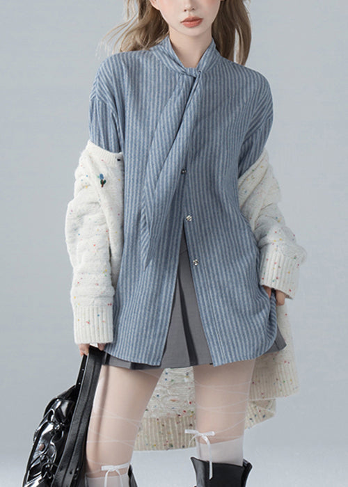 French Blue Striped Bow Cotton Shirts Spring