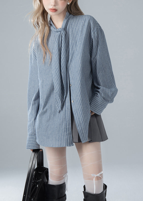 French Blue Striped Bow Cotton Shirts Spring