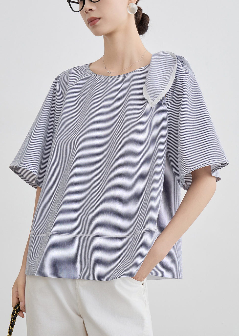French Blue Striped Original Design Cotton T Shirt Summer