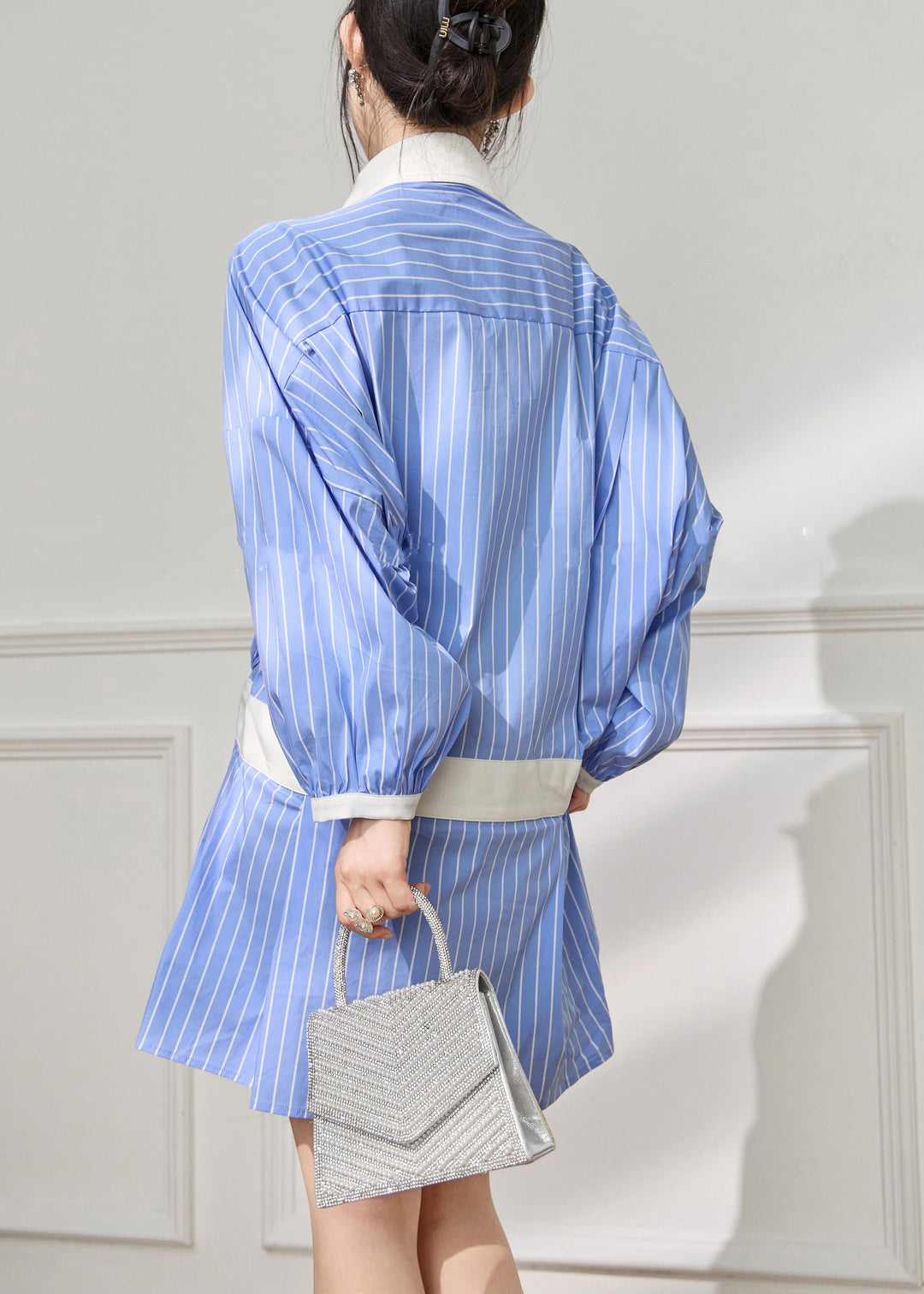 French Blue Striped Pockets Patchwork Cotton Shirts Dress Fall