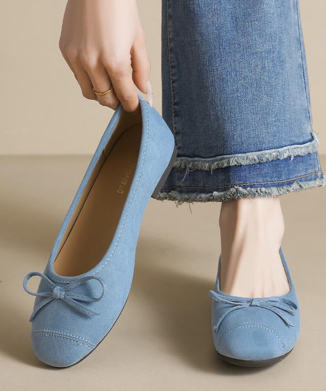 French Blue Suede Bow Splicing Comfy Penny Loafers