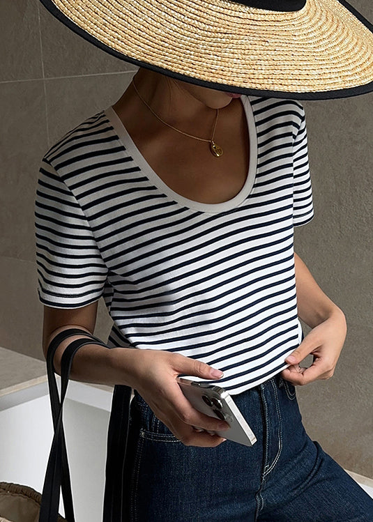 French Blue U Neck Striped Cotton T Shirt Tops Summer