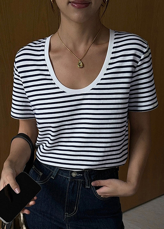 French Blue U Neck Striped Cotton T Shirt Tops Summer