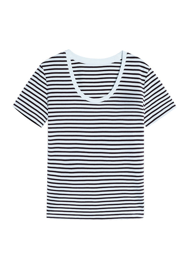 French Blue U Neck Striped Cotton T Shirt Tops Summer