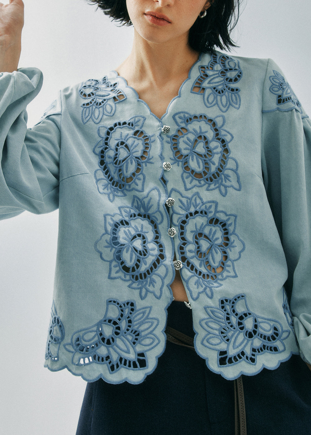 French Blue V Neck Hollow Out Floral Cotton Shirt Top Fall