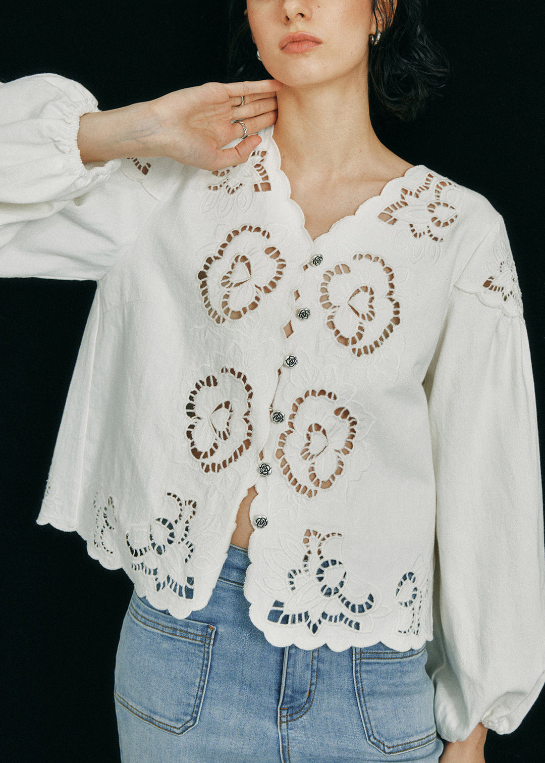 French Blue V Neck Hollow Out Floral Cotton Shirt Top Fall