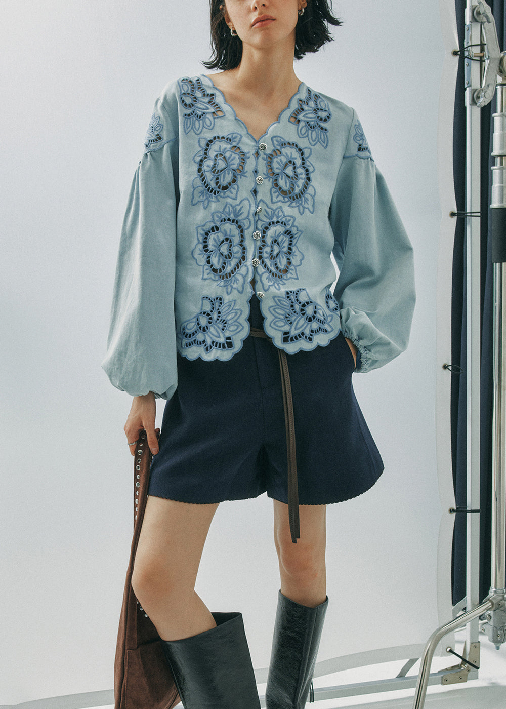 French Blue V Neck Hollow Out Floral Cotton Shirt Top Fall