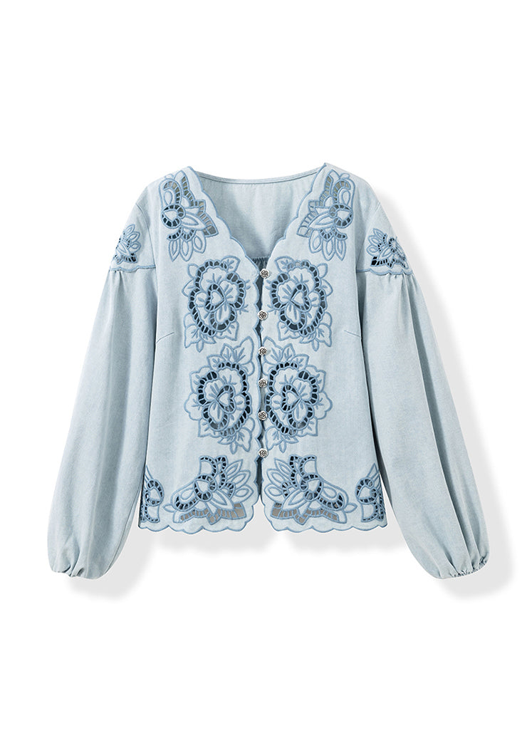 French Blue V Neck Hollow Out Floral Cotton Shirt Top Fall