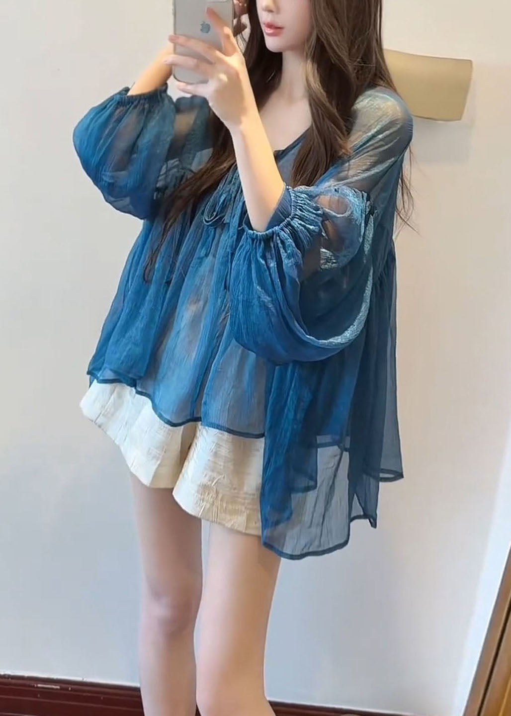 French Blue V Neck Lace Up Chiffon Top Flare Sleeve