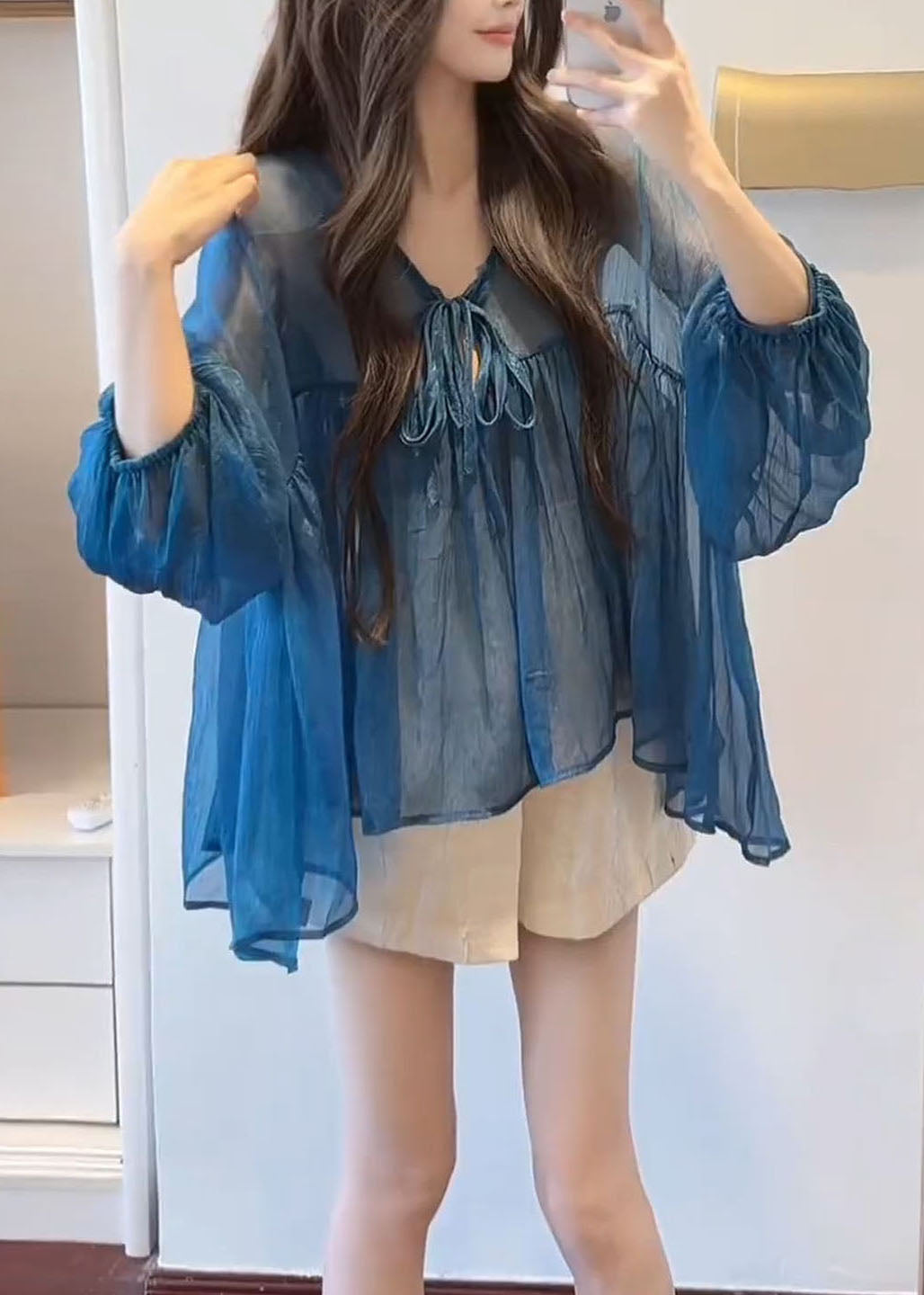 French Blue V Neck Lace Up Chiffon Top Flare Sleeve