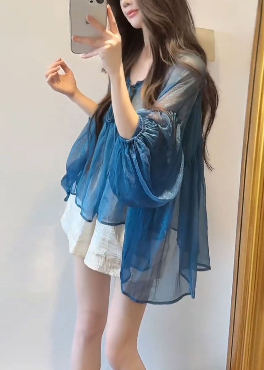 French Blue V Neck Lace Up Chiffon Top Flare Sleeve