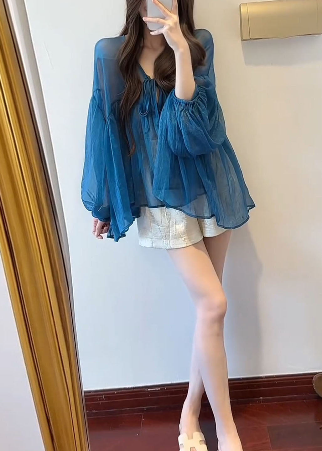 French Blue V Neck Lace Up Chiffon Top Flare Sleeve