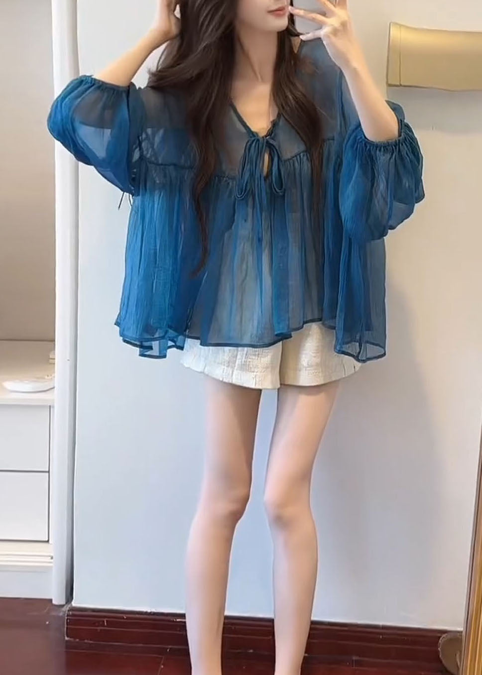 French Blue V Neck Lace Up Chiffon Top Flare Sleeve