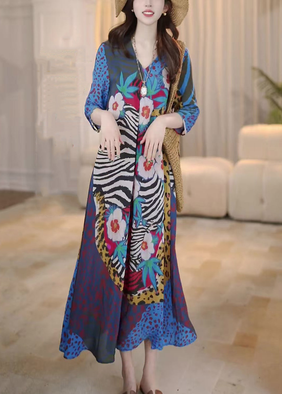 French Blue V Neck Print Chiffon Long Dress Bracelet Sleeve