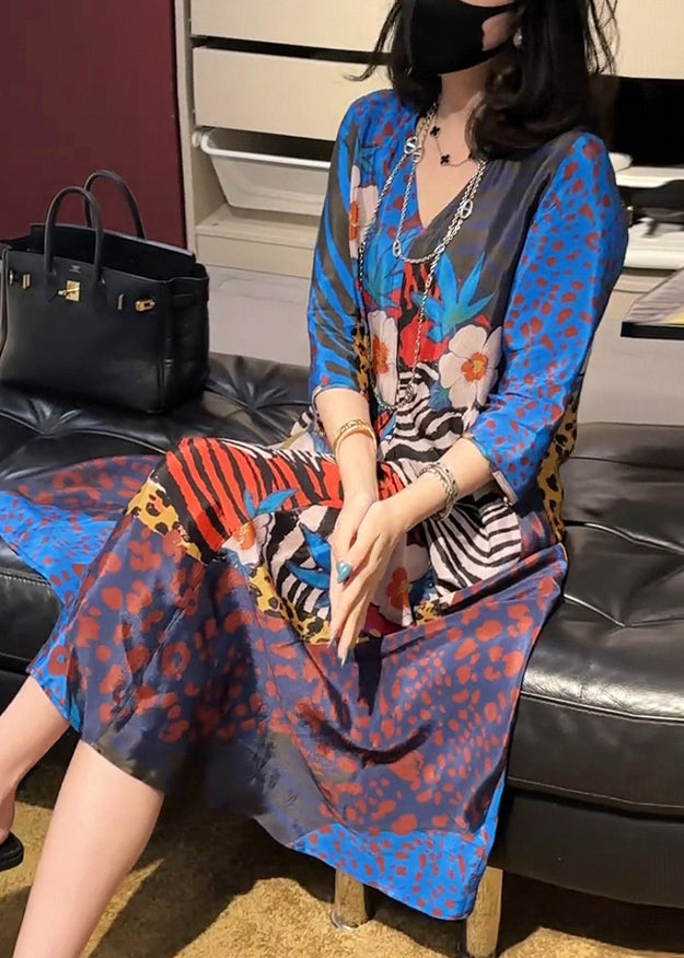 French Blue V Neck Print Chiffon Long Dress Bracelet Sleeve