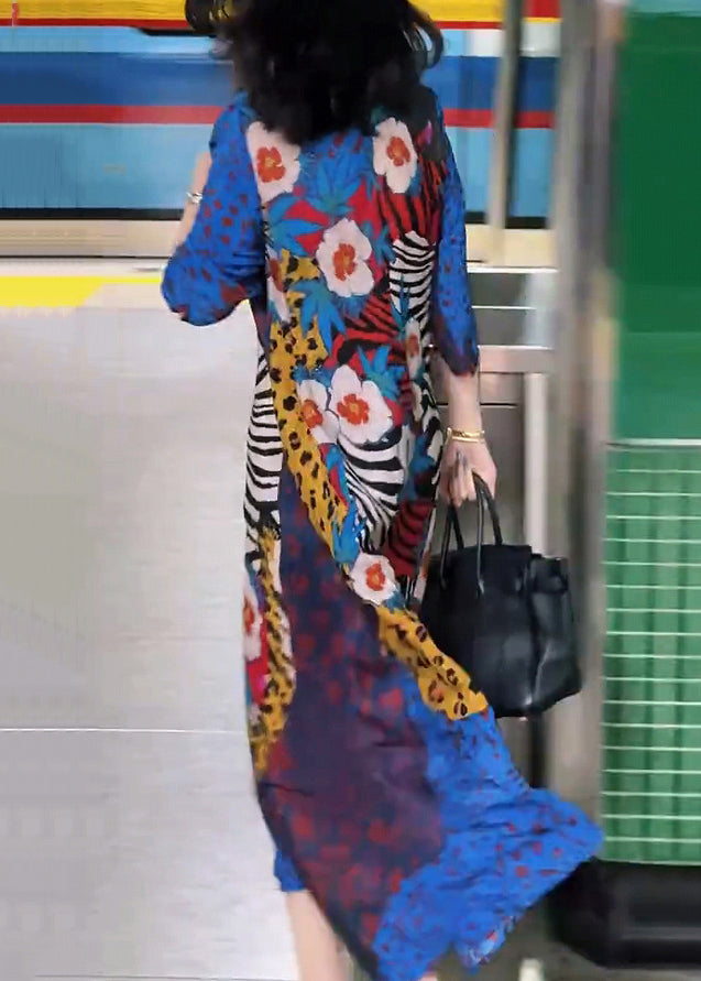 French Blue V Neck Print Chiffon Long Dress Bracelet Sleeve