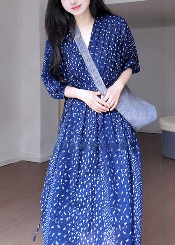 French Blue V Neck Print Chiffon Long Dresses Summer