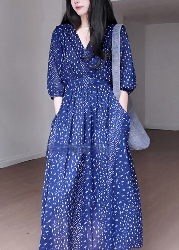 French Blue V Neck Print Chiffon Long Dresses Summer