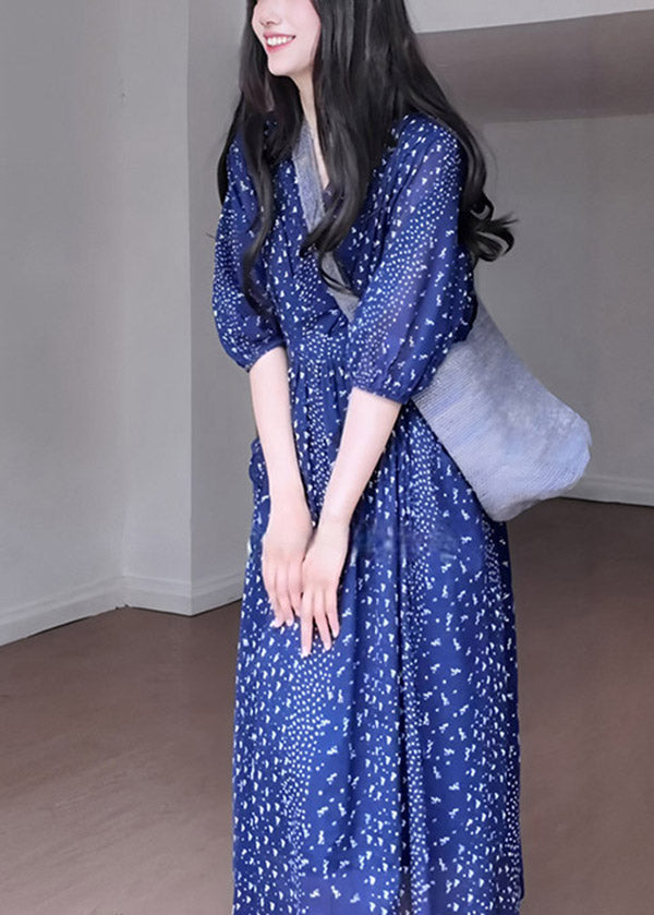 French Blue V Neck Print Chiffon Long Dresses Summer