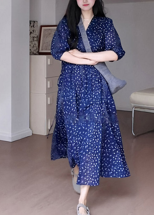 French Blue V Neck Print Chiffon Long Dresses Summer