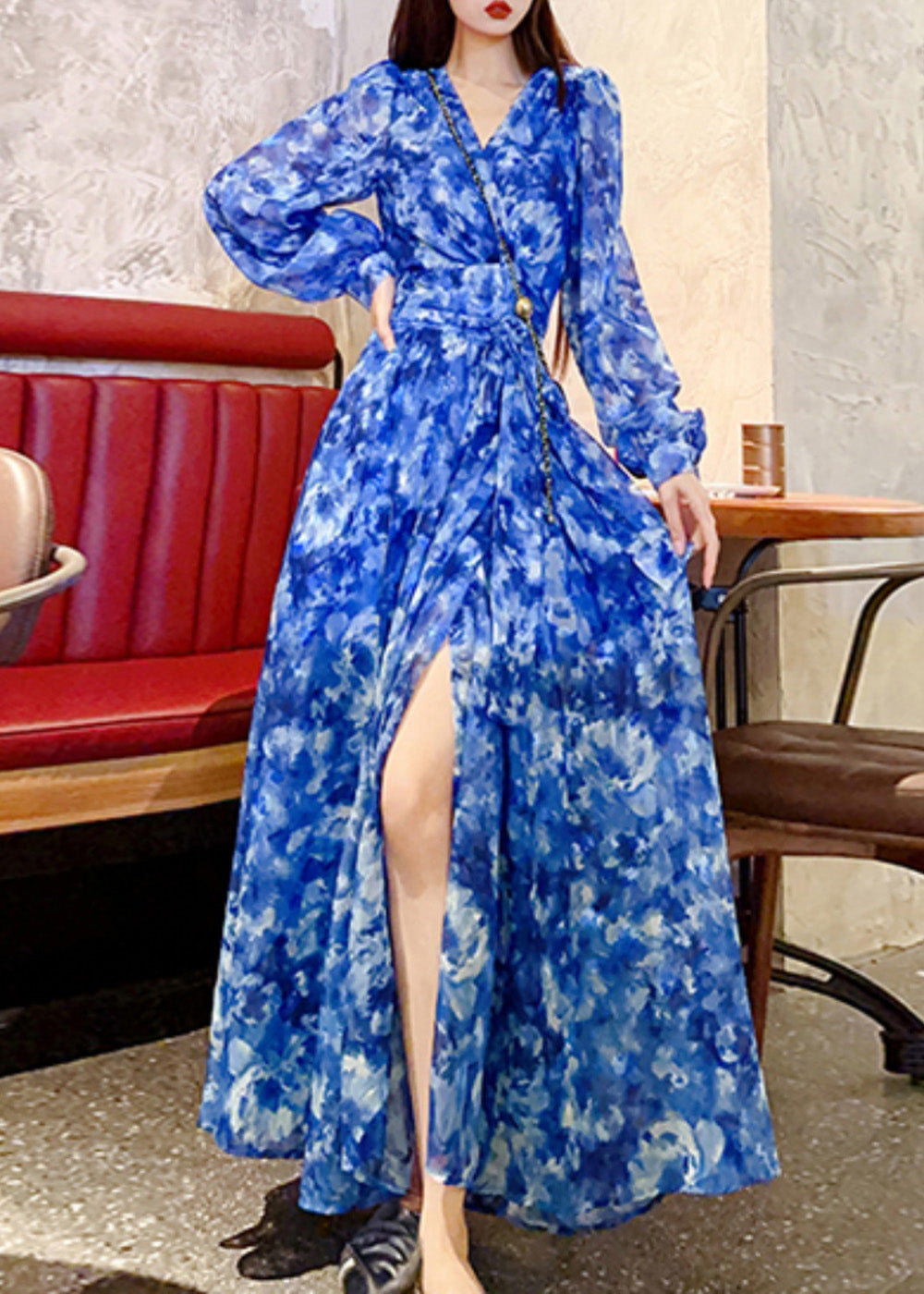 French Blue V Neck Print Flattering Maxi Dress Spring