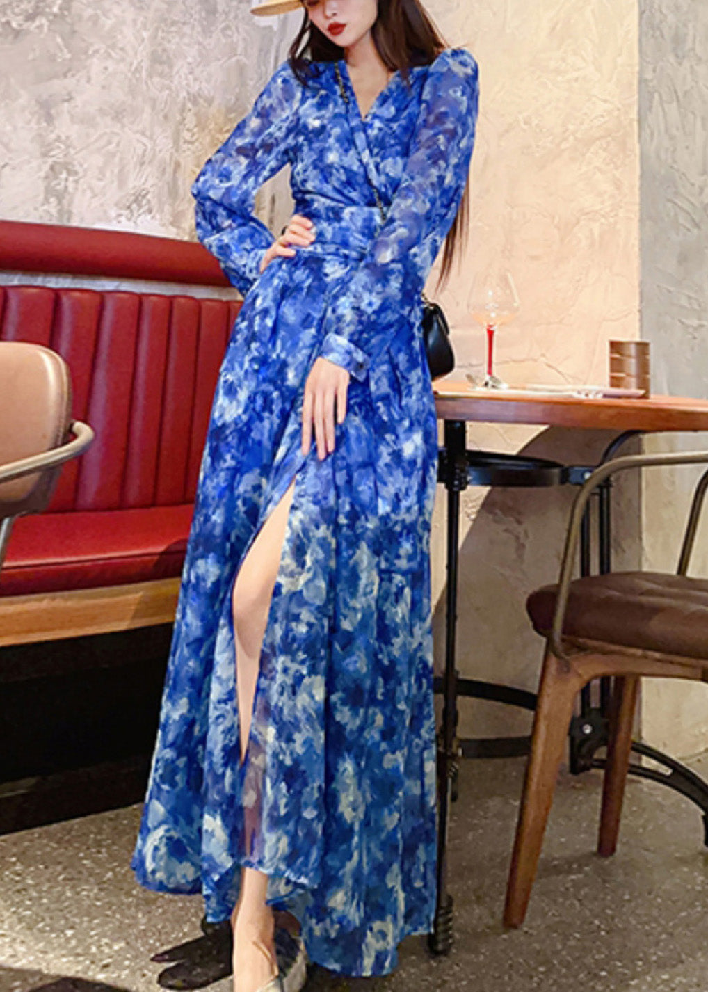 French Blue V Neck Print Flattering Maxi Dress Spring