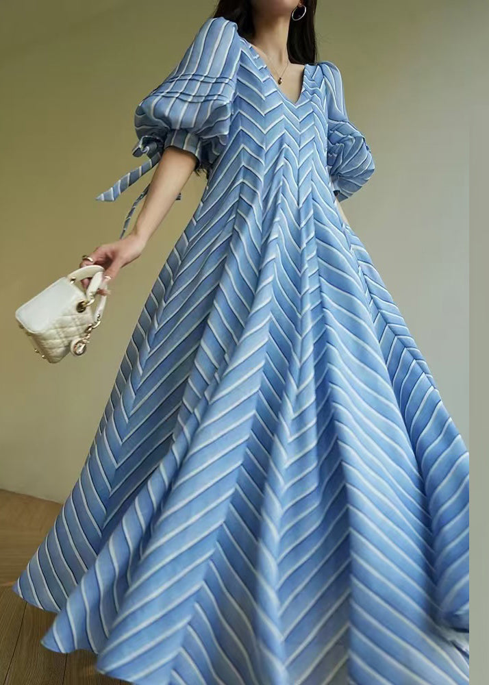 French Blue V Neck Striped Cotton Maxi Dresses Half Sleeve