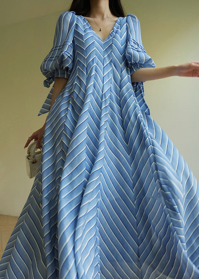 French Blue V Neck Striped Cotton Maxi Dresses Half Sleeve