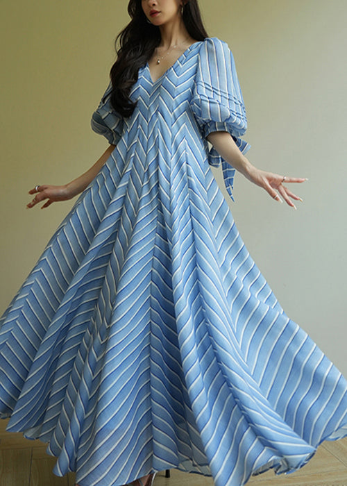 French Blue V Neck Striped Cotton Maxi Dresses Half Sleeve