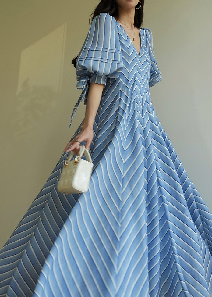 French Blue V Neck Striped Cotton Maxi Dresses Half Sleeve
