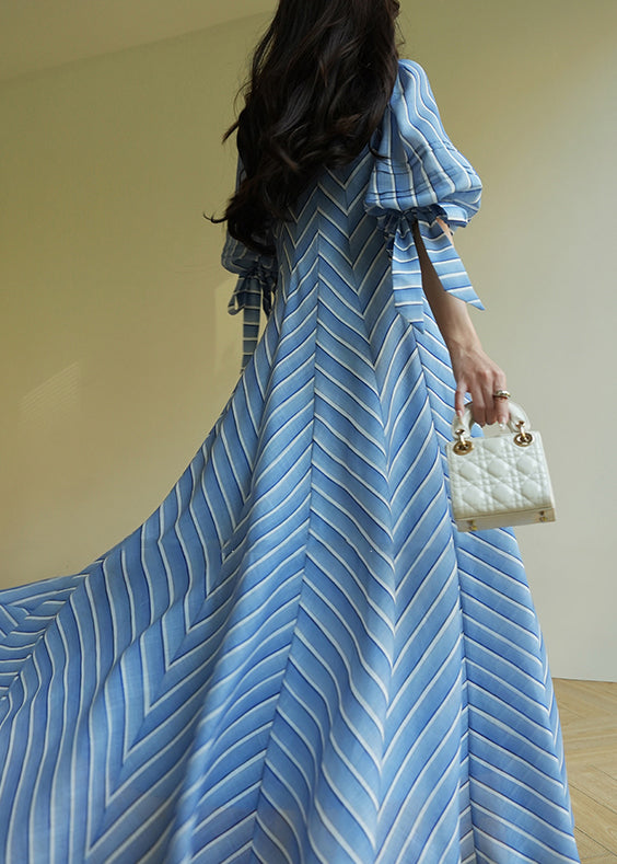 French Blue V Neck Striped Cotton Maxi Dresses Half Sleeve
